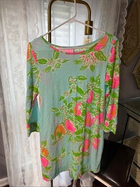 Lilly Pulitzer 100% cotton Mint Long-Sleeve Dress with Pink & Green Floral Print